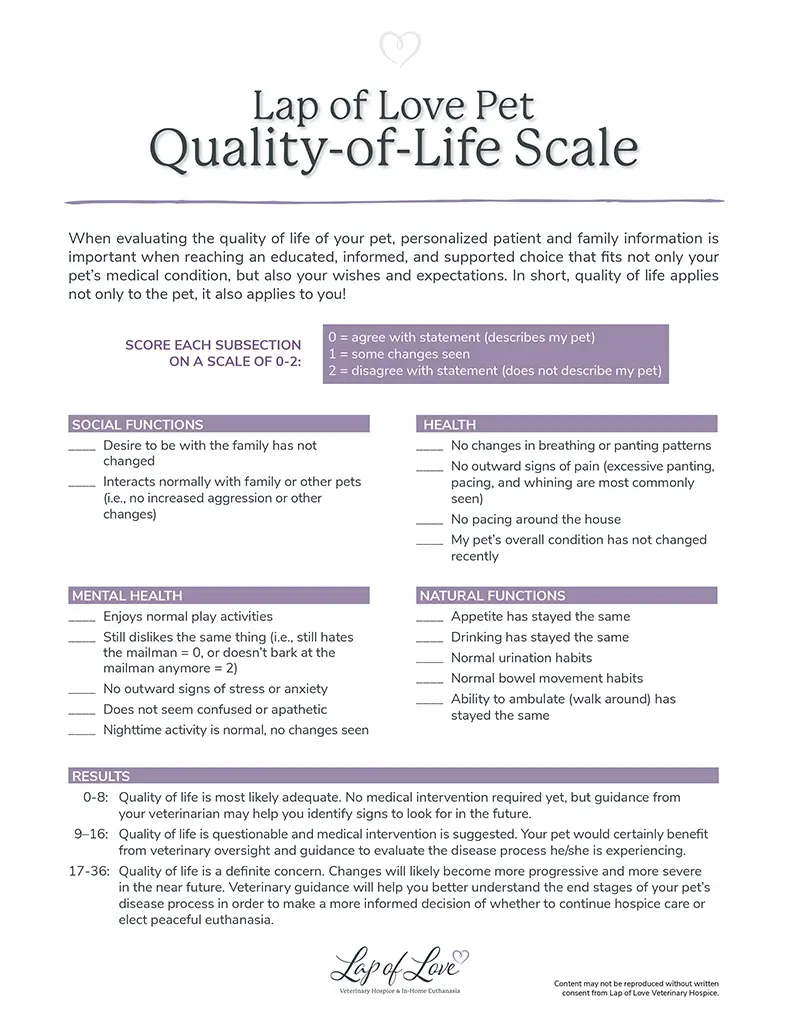 lap of love pet quality of life scale